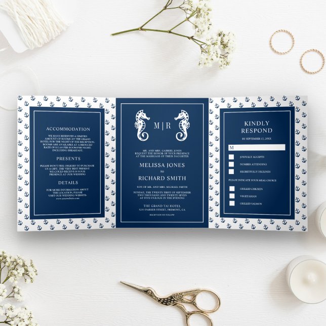 Invitación Tríptica Boda de caballito de mar azul y blanco (Subido por el creador)