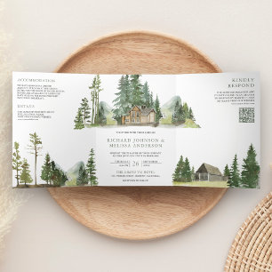 Invitación Tríptica Boda de cabaña de madera con código QR de Lodge de