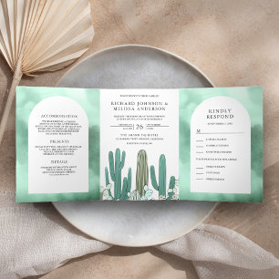 Invitación Tríptica Boda de Cactus del Desierto Todo en Uno Arco Verde