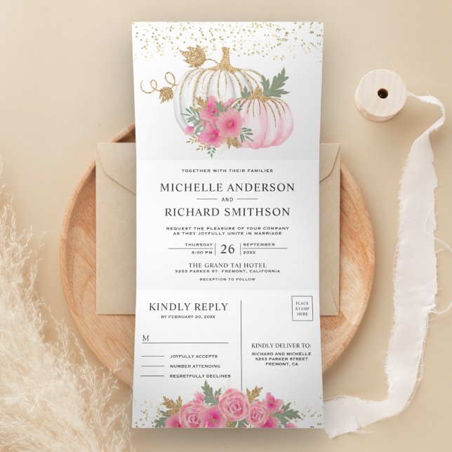 Invitación Tríptica Boda de caída de calabaza blanca con flor rosada r (Subido por el creador)
