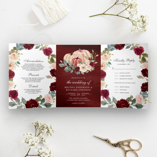 Invitación Tríptica Boda de calabaza floral borgoña y melocotón (Subido por el creador)