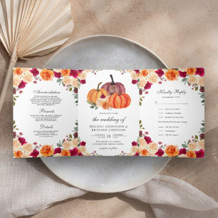 Invitación Tríptica Boda de Calabaza Floral en Naranja Quemado y Burde
