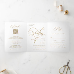 Invitación Tríptica Boda de caligrafía elegante de oro