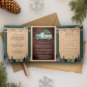 Invitación Tríptica Boda de camión de Navidades verdes rusticos Kraft 
