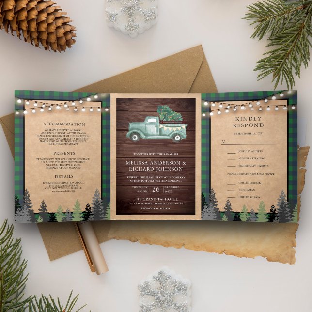 Invitación Tríptica Boda de camión de Navidades verdes rusticos Kraft  (Subido por el creador)