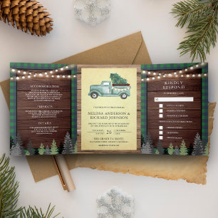 Invitación Tríptica Boda de camionetas de Navidades verdes rusticos de