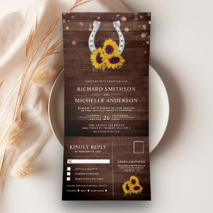 Invitación Tríptica Boda de campo rústico con herradura y girasoles de
