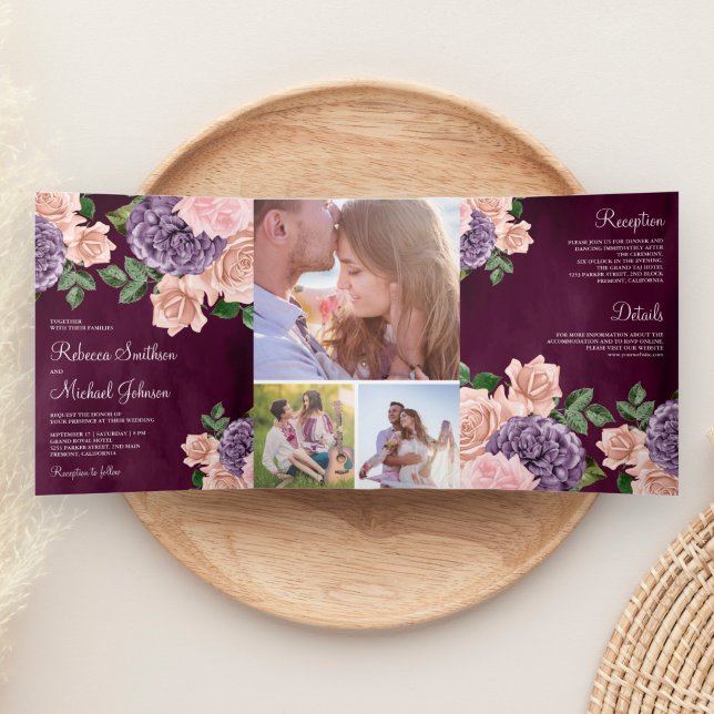 Invitación Tríptica Boda de ciruelas florales púrpuras de encurtido ru (Subido por el creador)