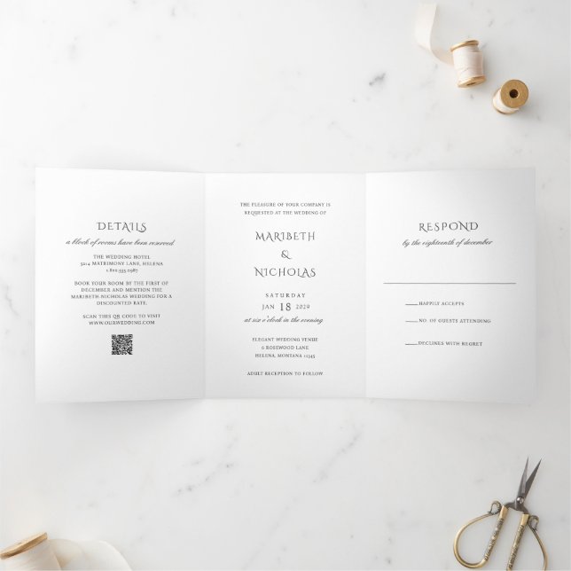 Invitación Tríptica Boda de clase de código QR blanco y negro moderno (Interior)