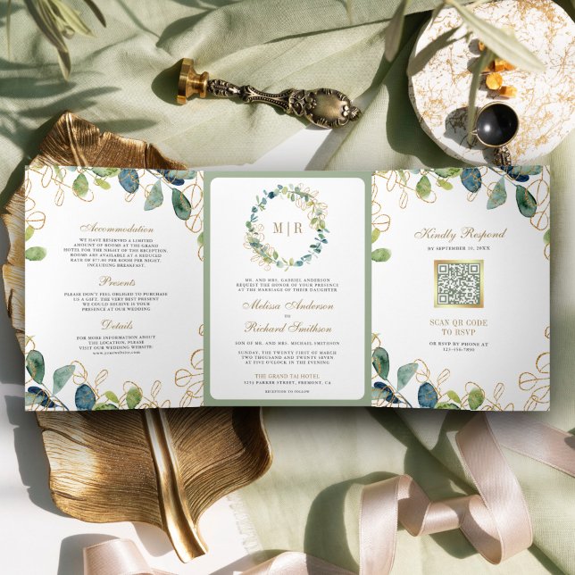 Invitación Tríptica Boda de código de eucalipto ruso Wreath QR (Subido por el creador)