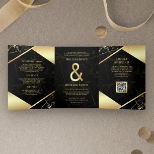 Invitación Tríptica Boda de Código QR Ampersand de Mármol de Oro Negro