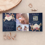 Invitación Tríptica Boda de código QR azul de la Marina Floral de marf<br><div class="desc">Sorprenda a sus huéspedes con esta elegante invitación de boda,  que incluye flores hermosas y tipografía moderna con tarjeta RSVP en línea. Simplemente agregue los detalles de su evento en esta plantilla fácil de usar y adorne esta tarjeta con sus fotos favoritas para convertirla en una invitación única.</div>