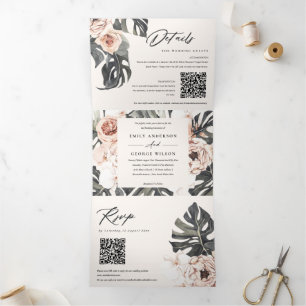 Invitación Tríptica Boda de código QR Boho Rubor Rust Monstera Floral