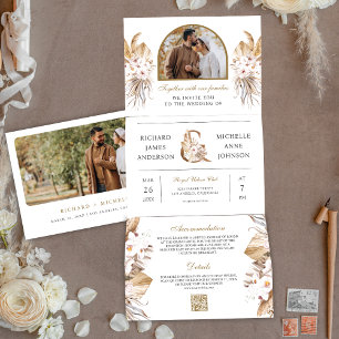 Invitación Tríptica Boda de código QR de arco de Pampas Boho todo en u