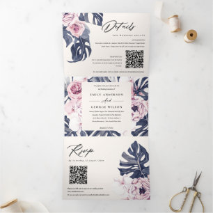 Invitación Tríptica Boda de código QR de Boho Navy Monstera Floral ros