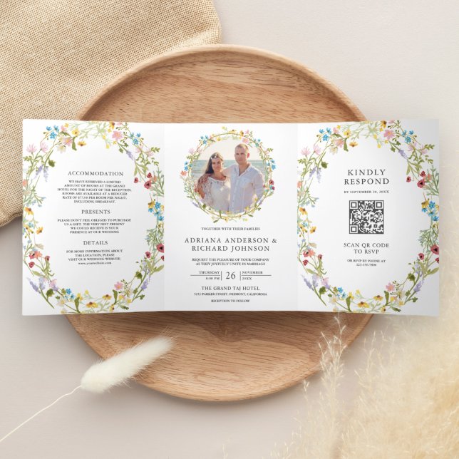 Invitación Tríptica Boda de código QR de Boho Wildflower Rustico (Subido por el creador)