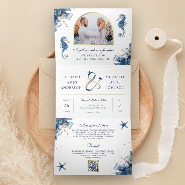 Invitación Tríptica Boda de código QR de caballito de agua azul náutic (Subido por el creador)
