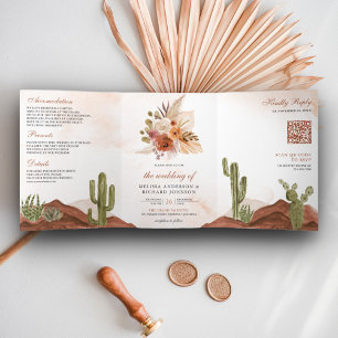 Invitación Tríptica Boda de código QR de cactus del desierto floral de