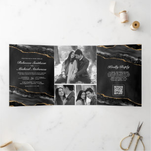 Invitación Tríptica Boda de código QR de collage de fotos de ágata dor