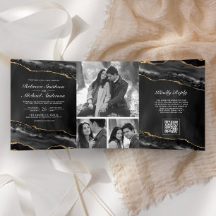 Invitación Tríptica Boda de código QR de collage de fotos de ágata dor