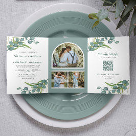 Invitación Tríptica Boda de código QR de Collage de fotos de eucalipto