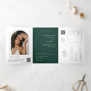 Invitación Tríptica Boda de código QR de Emerald Green Modern Arch Pho