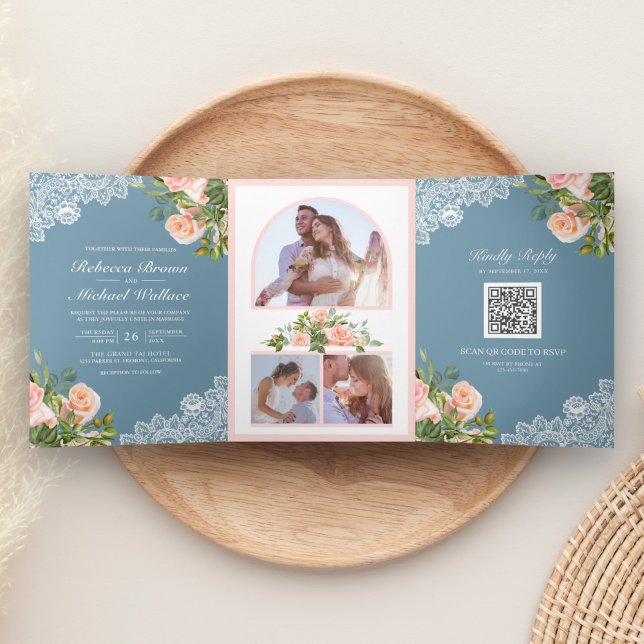 Invitación Tríptica Boda de código QR de encaje floral rosa sonrosado  (Subido por el creador)