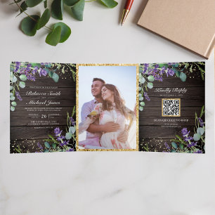 Invitación Tríptica Boda de código QR de Eucalyptus Wood Lavender