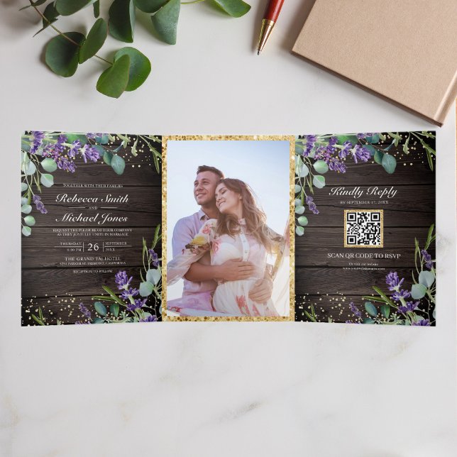 Invitación Tríptica Boda de código QR de Eucalyptus Wood Lavender (Subido por el creador)