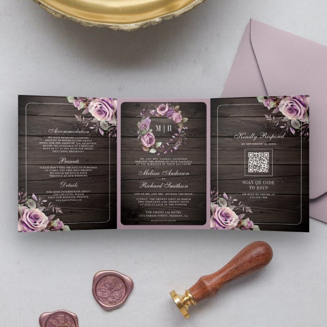 Invitación Tríptica Boda de código QR de floral púrpura rugosa (Subido por el creador)
