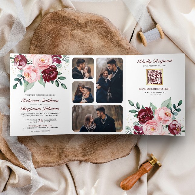 Invitación Tríptica Boda de código QR de floral ruidosa rosa de Rubor  (Subido por el creador)