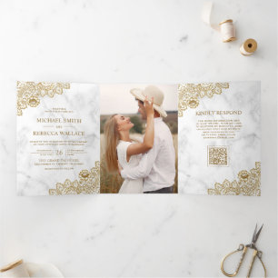 Invitación Tríptica Boda de código QR de foto con encaje de oro y márm