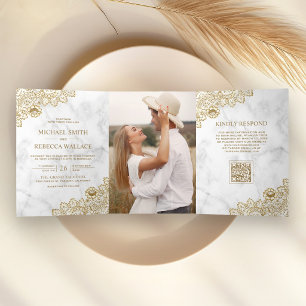 Invitación Tríptica Boda de código QR de foto con encaje de oro y márm