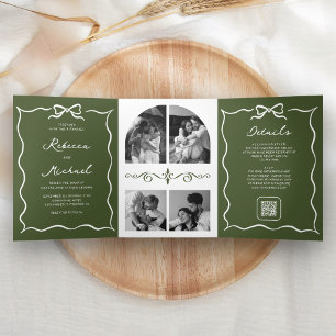 Invitación Tríptica Boda de código QR de foto con lazo blanco verde ol