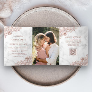 Invitación Tríptica Boda de código QR de foto de encaje de oro rosa de
