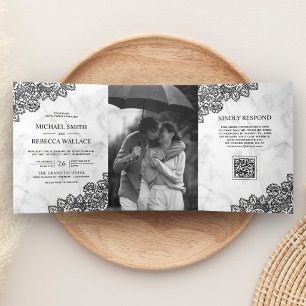 Invitación Tríptica Boda de código QR de foto de encaje negro y mármol