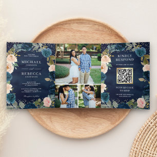 Invitación Tríptica Boda de código QR de foto floral azul marino y azu