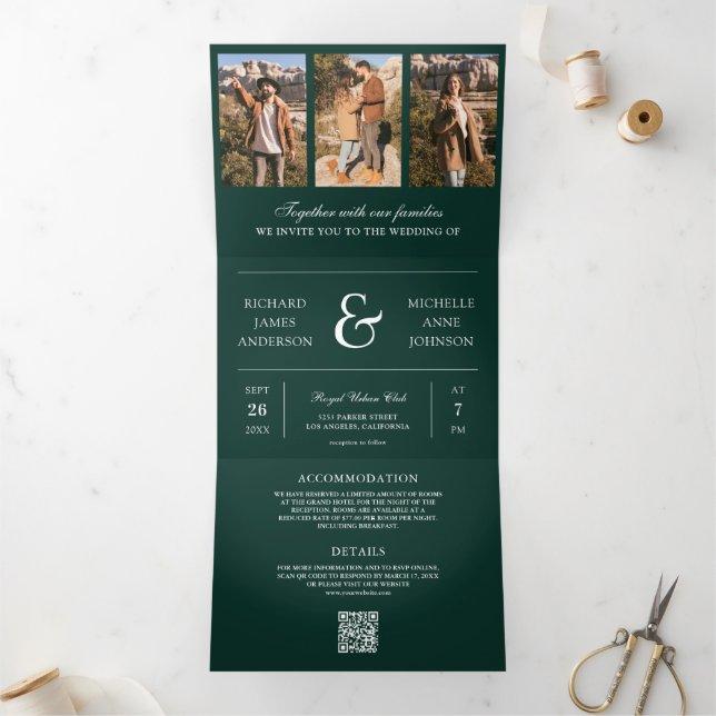 Invitación Tríptica Boda de código QR de fotocolage verde esmeralda (Interior)