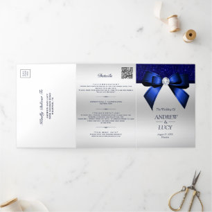 Invitación Tríptica Boda de código QR de gema azul romántico