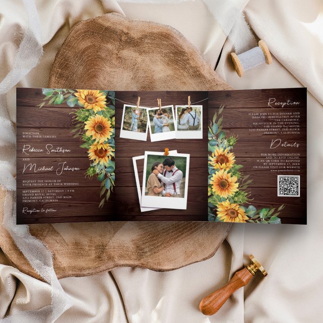 Invitación Tríptica Boda de código QR de girasoles de madera rústica E (Subido por el creador)
