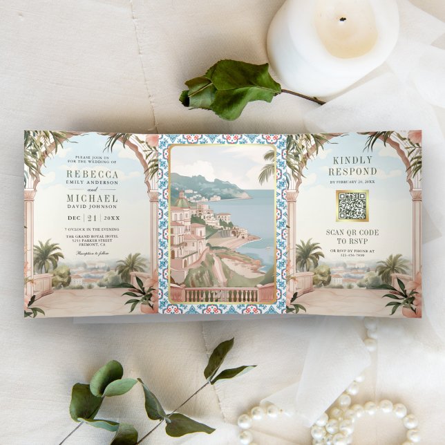 Invitación Tríptica Boda de código QR de la costa mediterránea italian (Subido por el creador)