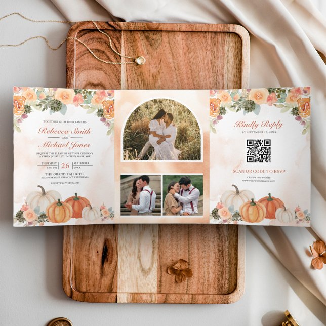 Invitación Tríptica Boda de código QR de la foto floral de la calabaza (Subido por el creador)