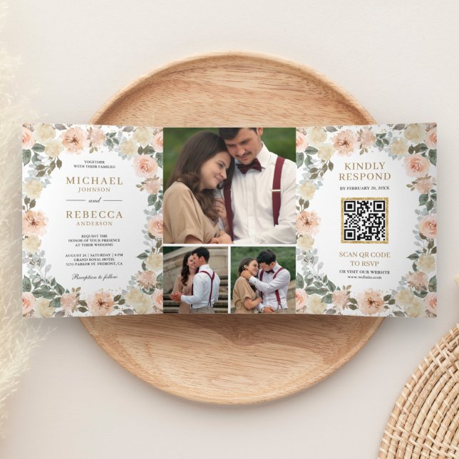 Invitación Tríptica Boda de código QR de la foto floral de una cuchara (Subido por el creador)
