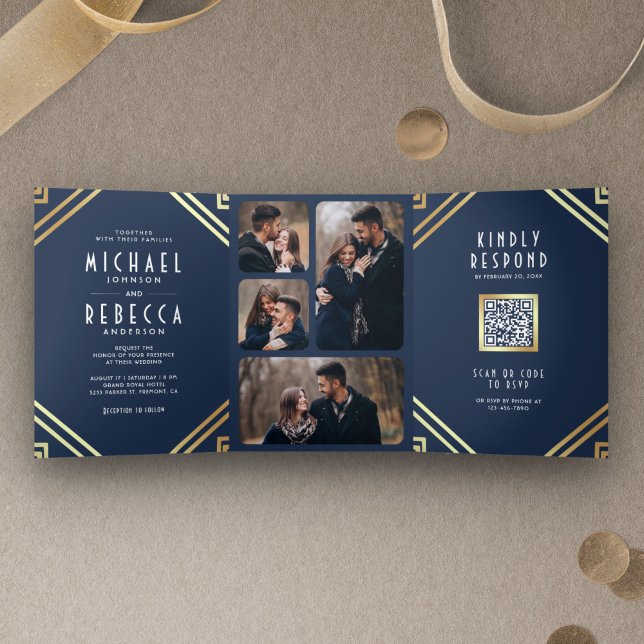 Invitación Tríptica Boda de código QR de la Marina Azul de Oro Geométr (Subido por el creador)