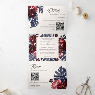 Invitación Tríptica Boda de código QR de la Marina Boho Monstera Flora