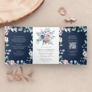 Invitación Tríptica Boda de código QR de la Marina Floral Azul y Rosa