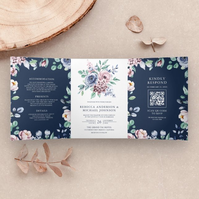 Invitación Tríptica Boda de código QR de la Marina Floral Azul y Rosa  (Subido por el creador)