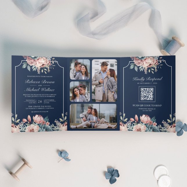 Invitación Tríptica Boda de código QR de la Marina Floral Azul y Rosa  (Subido por el creador)