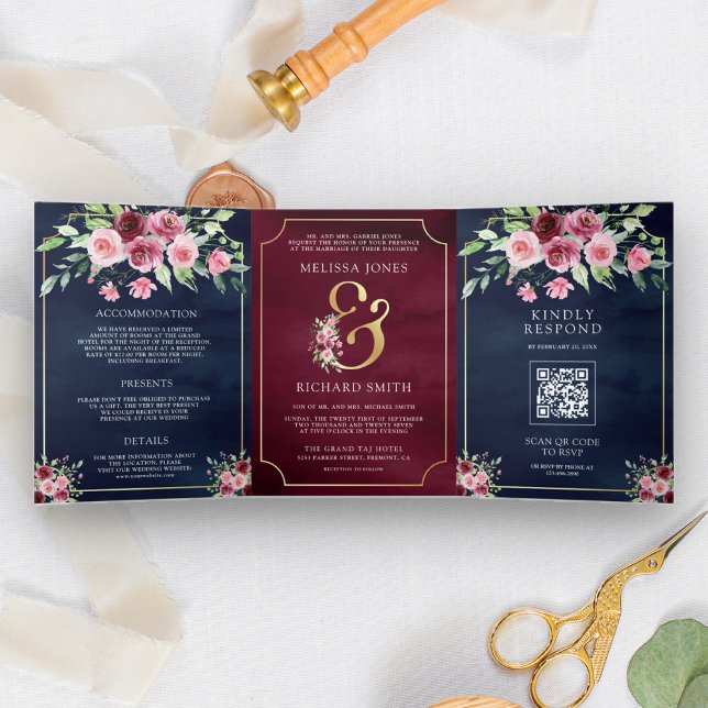 Invitación Tríptica Boda de código QR de la Marina Floral Pink Marsala (Subido por el creador)