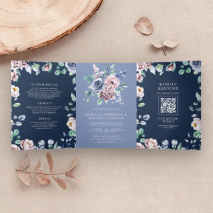 Invitación Tríptica Boda de código QR de la Marina Floral Rosa Dusty P